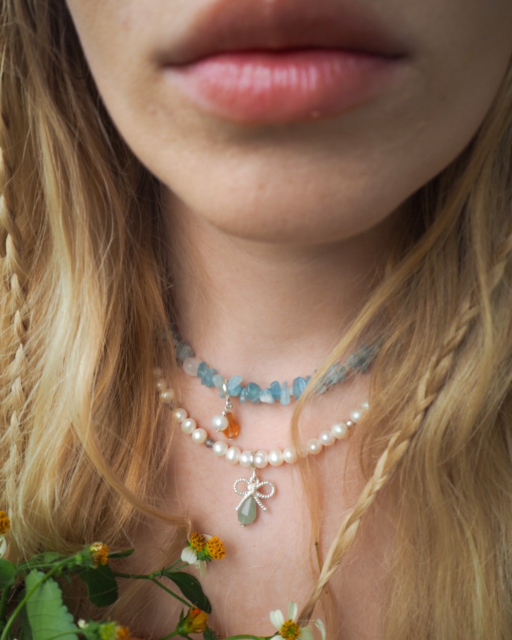 Pearl necklace with aquamarine and silver bow charms  – delicate handcrafted jewelry by elswre.