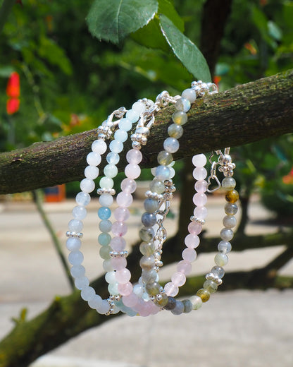 Handcrafted gemstone bracelets with aquamarine, rose quartz, moonstone and labradorite beads – silver details, designed by elswre